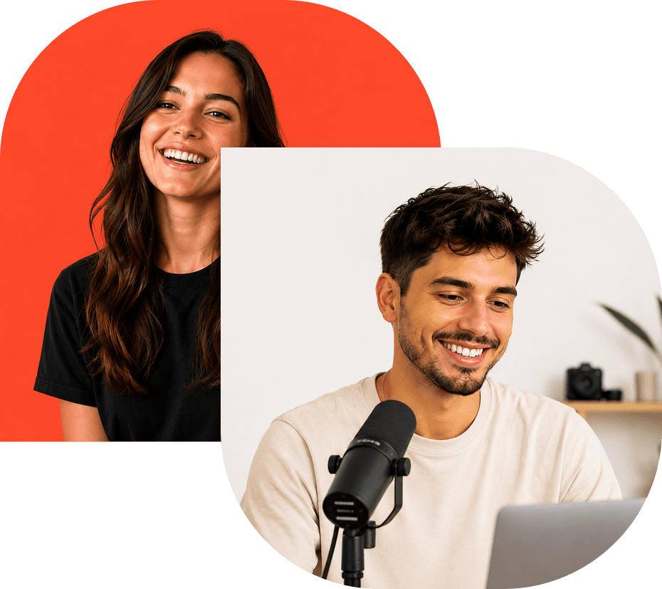 Duas pessoas gravando conteúdo: uma sorrindo para a câmera, outra falando ao microfone diante do laptop